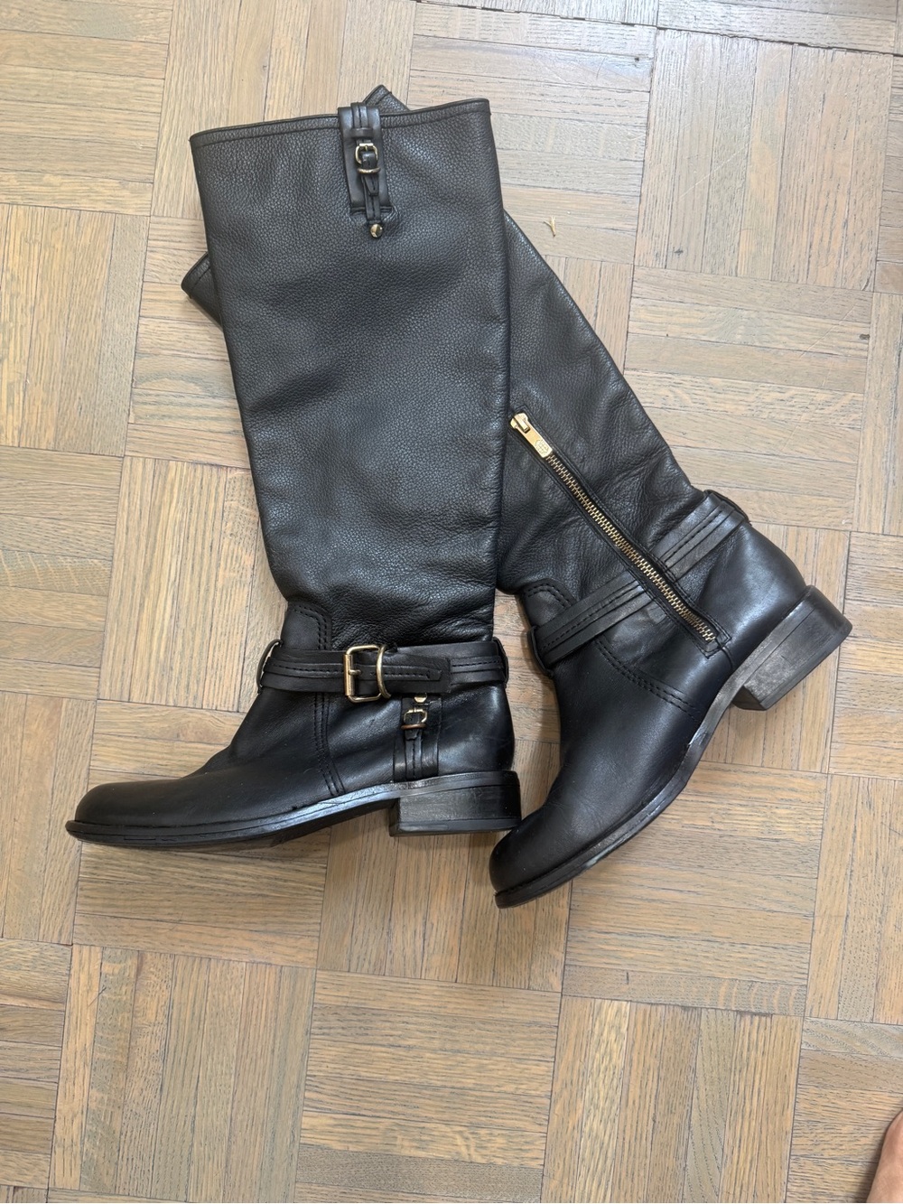 Vince Camuto Black Leather Riding Boots with Gold Hardware size 7